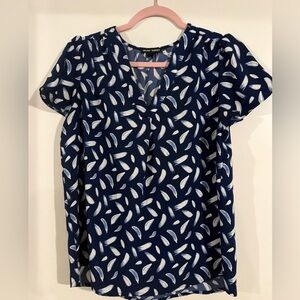 Hilary Radley Navy and White Feather Print Blouse